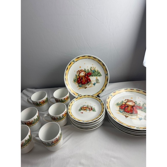 Gibson Christmas Snowman Dinner Plates Mugs Oval Serving Dish Set 18 Pcs